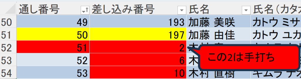 Word差し込み印刷複数レコード説明用疑似データ　差し込み番号の振り方説明②