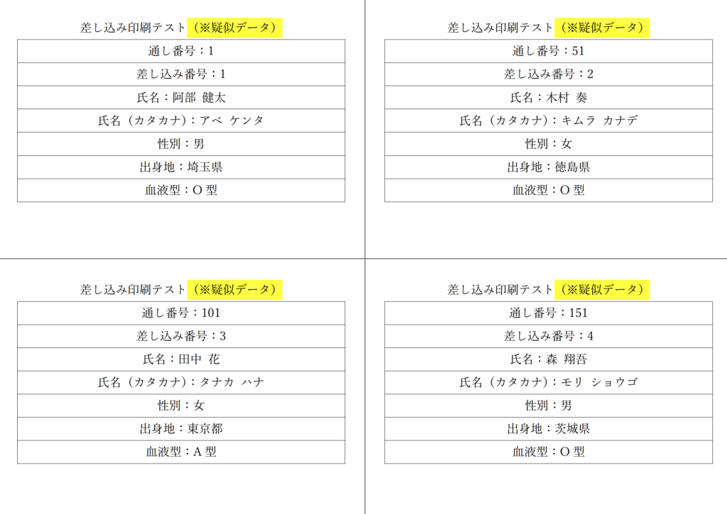 Word差し込み印刷複数レコード説明用疑似データ　１枚に４レコード挿入見本②