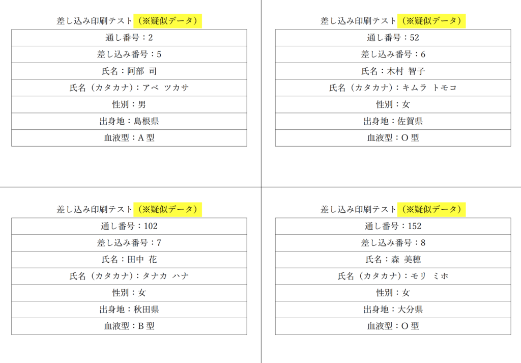 Word差し込み印刷複数レコード説明用疑似データ　１枚に４レコード挿入見本③